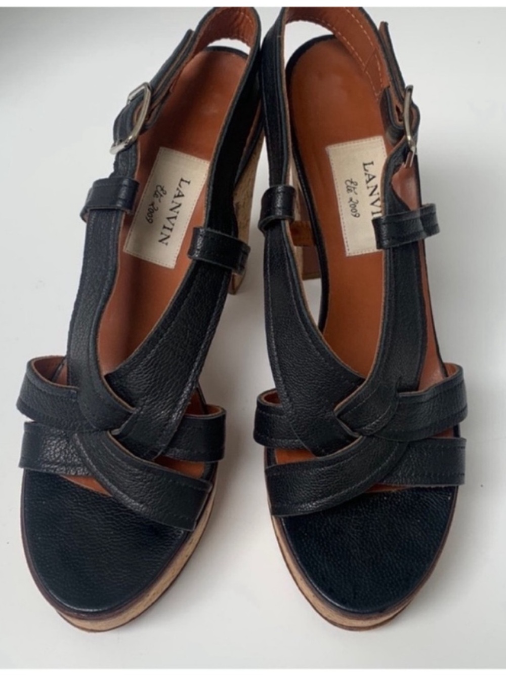 Lanvin Ete 2009 Black Leather Cork Platform Vintage Y2K High Heel Sandals 391/2